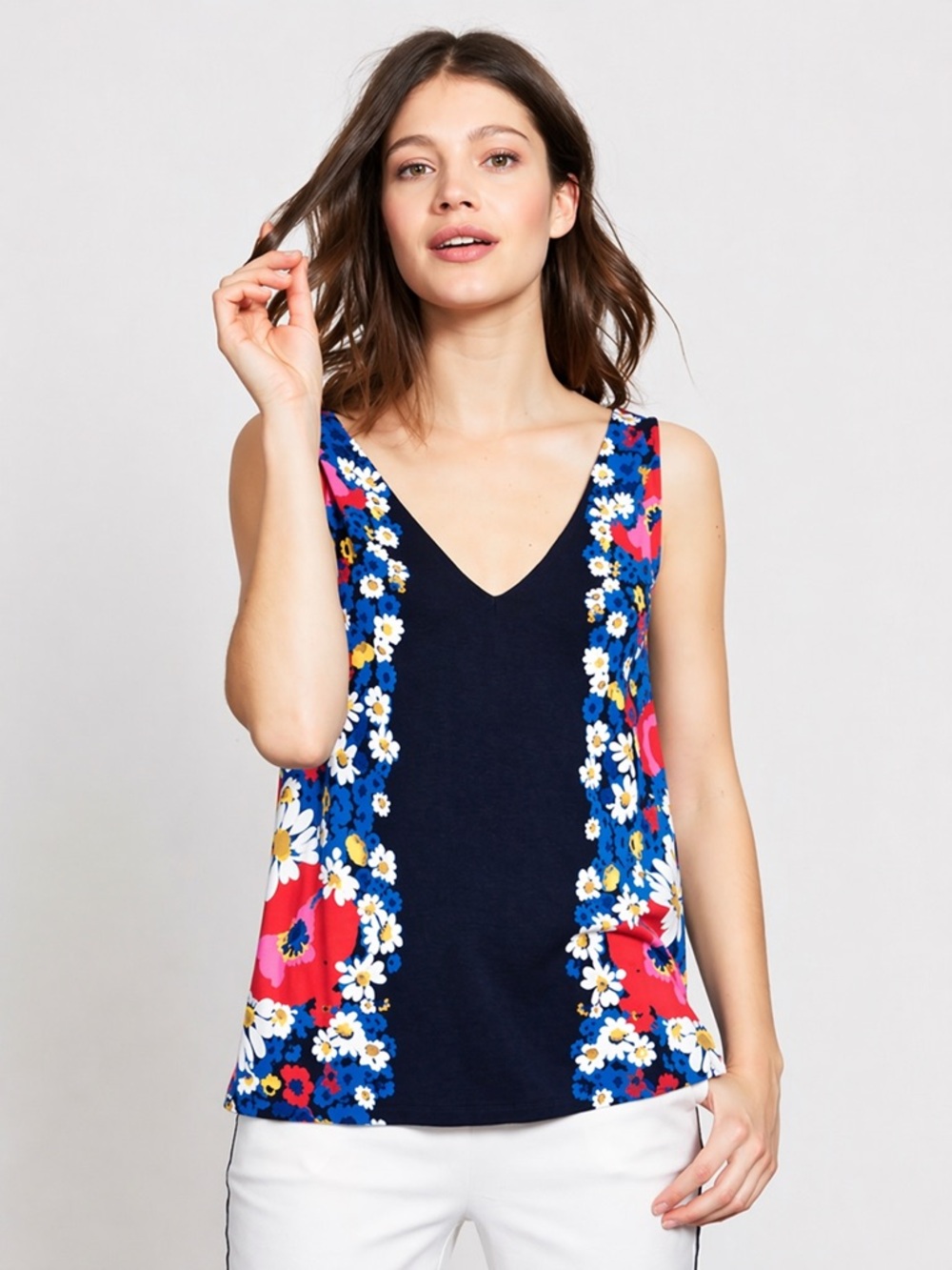 Boden Cosima Jersey Top Navy Floral Sleeveless V-Neck Tank Blouse US 6